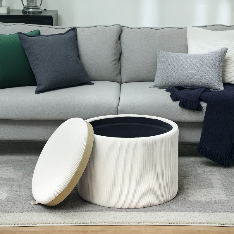 HOMCOM Opbergkruk met Ruimte, Rond, Voetensteun, Corduroy, MDF, Crèmewit