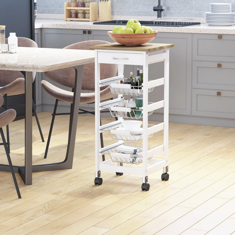 HOMCOM Chariot de service desserte à roulettes multi-rangements 4 paniers métal + tiroir bois de pin 37 x 37 x 82 cm blanc