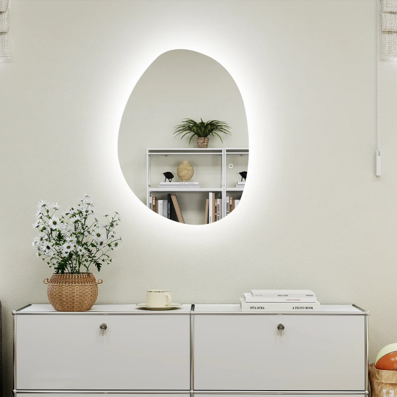HOMCOM Espelho de Casa de Banho LED 3 Cores de Luz Brilho Regulável Função Anti Embaciamento Função Memória IP44 80x60 cm Prata