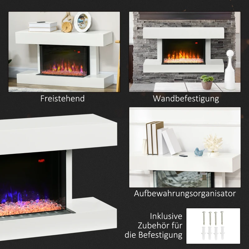 HOMCOM Elektrische Haard, Wandhaard met Verwarming 2000 W, LED 3D-Vlammeneffect, Kristallen, in 11 Kleuren met 3 Helderheidsniveaus, Elektrische Haard met Afstandsbediening, Timer, Wandmontage, Wit(m-8)