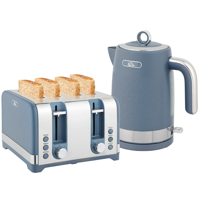 HOMCOM Sleek Textured Kettle and Four-Slice Toaster Set - Blue