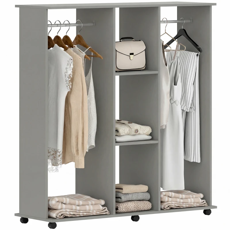 HOMCOM Armoire penderie meuble de rangement mobile 6 roulettes 120 x 40 x 128 cm en bois gris