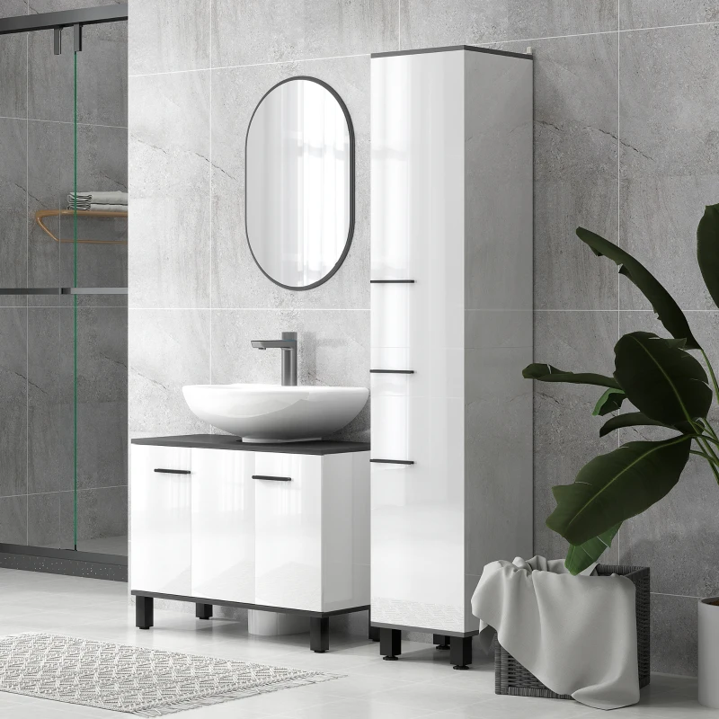 HOMCOM Mobile Sottolavabo Bagno con Armadietto 2 Ante e Ripiano Regolabile, 80x34x60 cm, Bianco Lucido