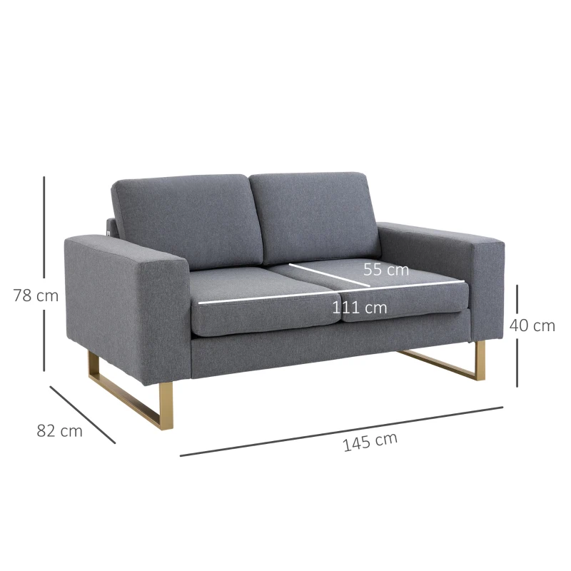 HOMCOM 2-zitsbank stoffen bank hoekbank gestoffeerde bank zitmeubelen kussens armsteun hout metaal lichtgrijs 160 x 82 x 78 cm
