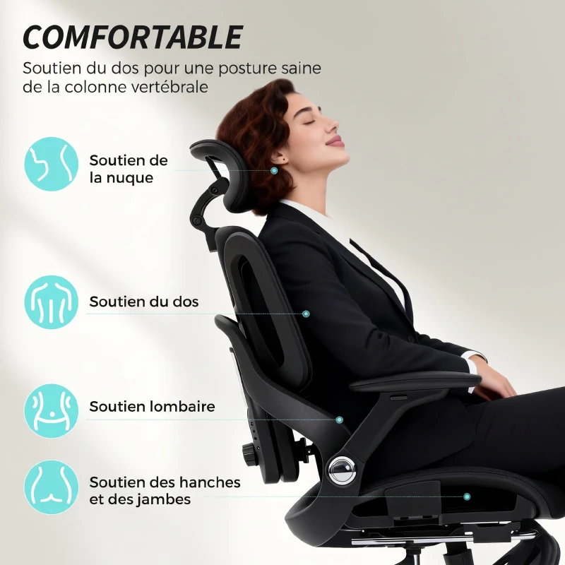 HOMCOM Chaise Bureau Ergonomique avec Accoudoirs 4D Appui-Tête et Profondeur d'Assise Réglables Maille Noir