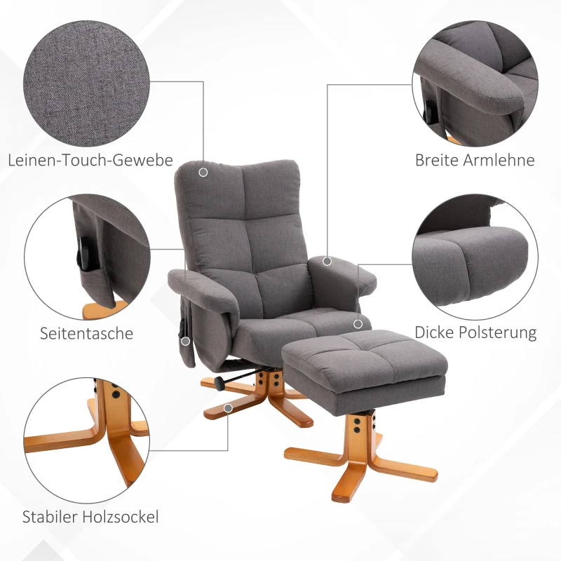 HOMCOM massagestoel met voetenbank relaxstoel 145 ° helling kunstleer donkergrijs 80 x 86 x 90 cm