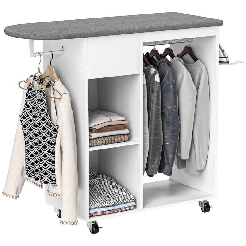 HOMCOM Mobile Asse da Stiro con Ruote e Porta Ferro, Barra per Abiti, Cassetto e Ripiani, 125x43.5x112cm, Bianco