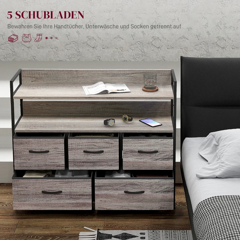 HOMCOM Stoffen Ladekast, 5 Opvouwbare Laden, 2 Schappen, Stalen Frame, 98 x 29 x 85 cm, Grijs