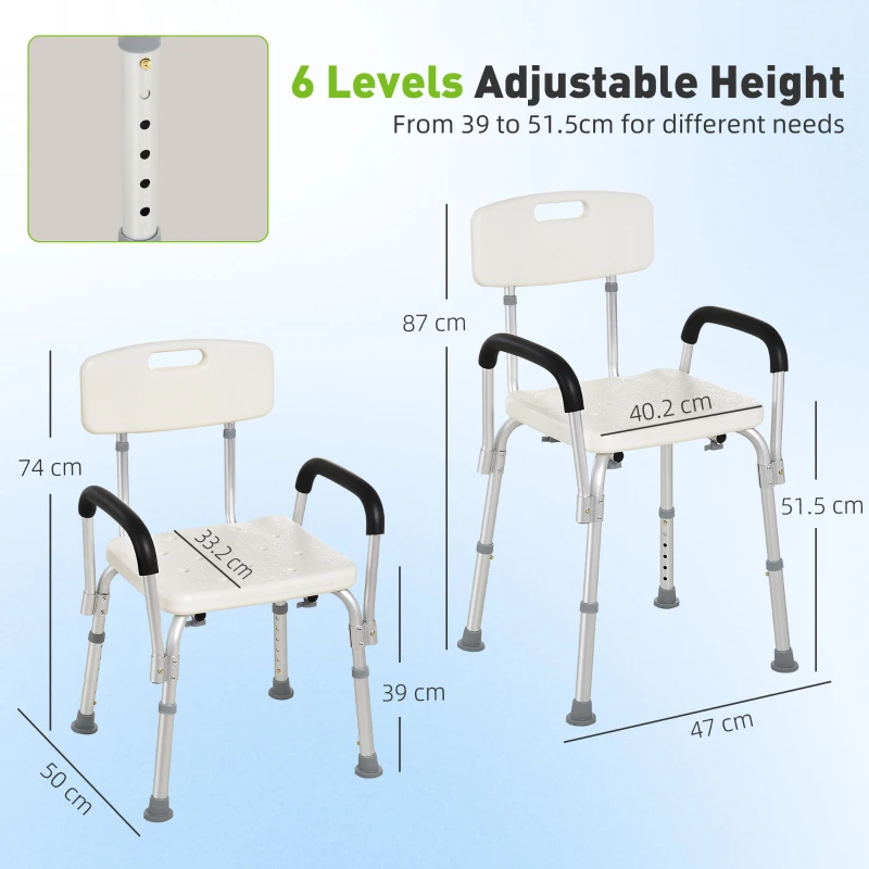 HOMCOM Shower Chair with Arms and Back, Height Adjustable Bath Bench, Non-Slip Shower Stool for Inside Tub, Aluminum Bathroom Bench for Elderly, Senior, Disabled, Handicap, White