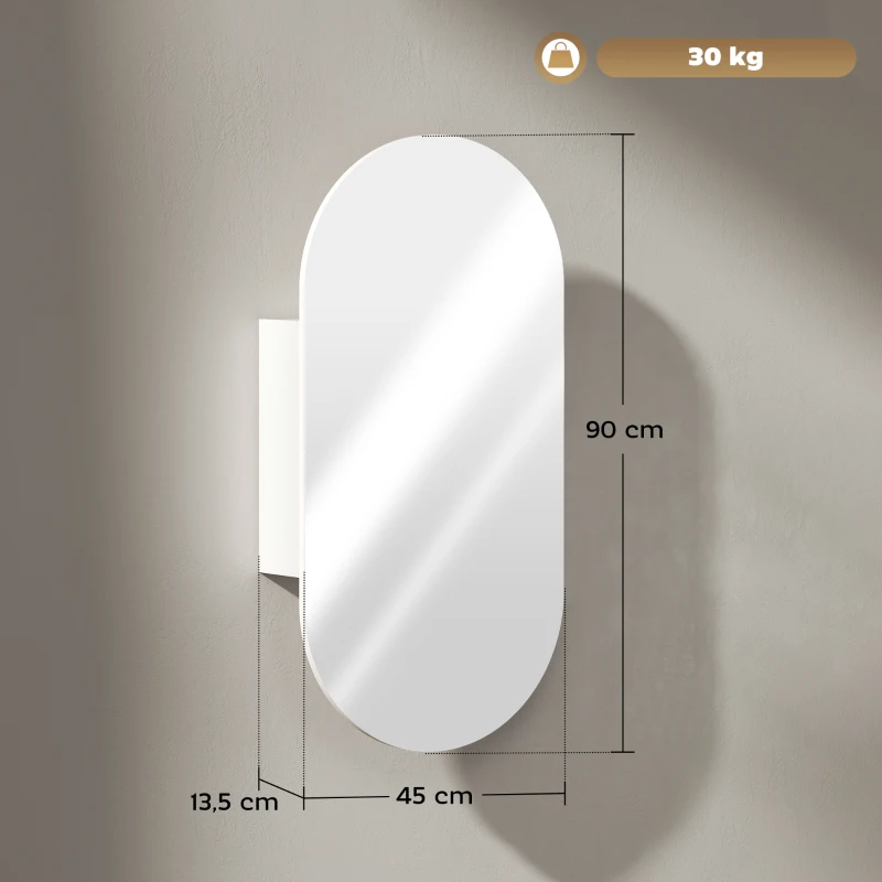 HOMCOM Specchio Bagno Ovale Moderno con Armadietto e Due Ripiani, 45x90 cm, Bianco