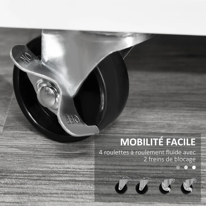 HOMCOM Support d'imprimante à 2 tiroirs meuble de rangement sur roulettes étagères ouvertes et placard, 100 x 35 x 65 cm, blanc