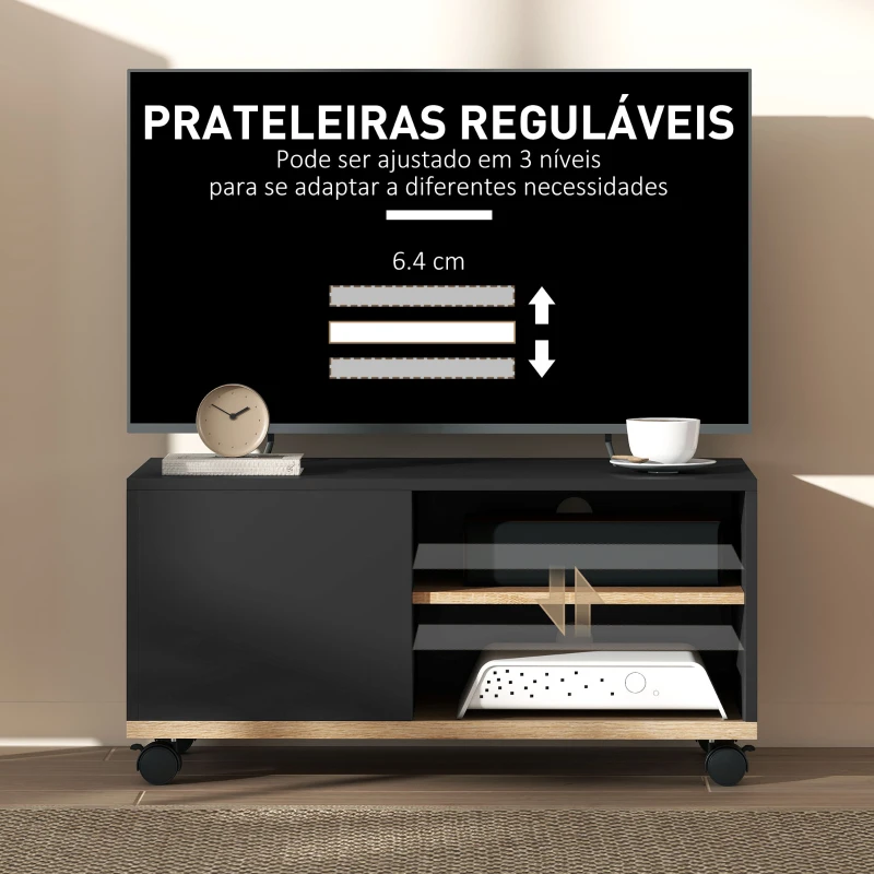 HOMCOM Móvel de TV com Rodas para Televisores até 42 Polegadas com 1 Porta 2 Compartimentos Abertos Prateleira 80x45x41 cm Preto
