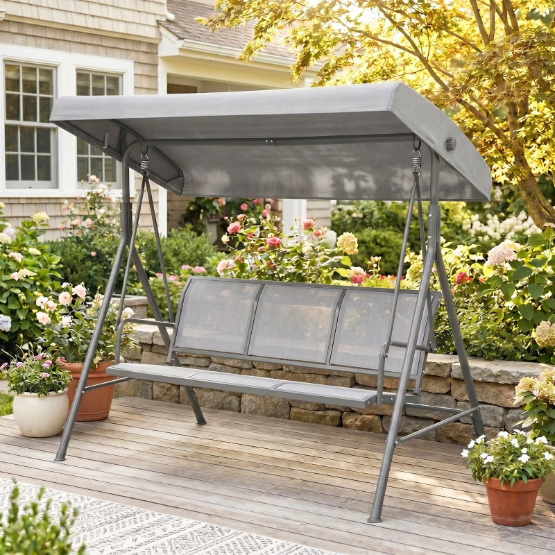 Outsunny Balancelle de Jardin 3 Places Toit Inclinaison réglable Assise et Dossier Ergonomique Acier textilène Gris