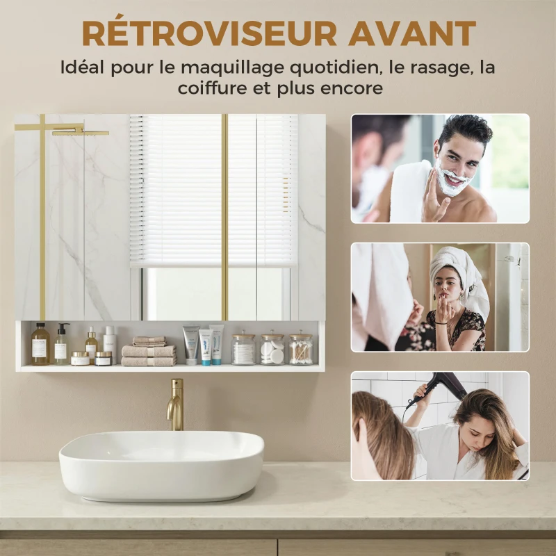 kleankin Armoire murale salle de bain avec miroir, armoire de toilette 3 portes miroir, étagères réglables, 90x15x75cm, blanc