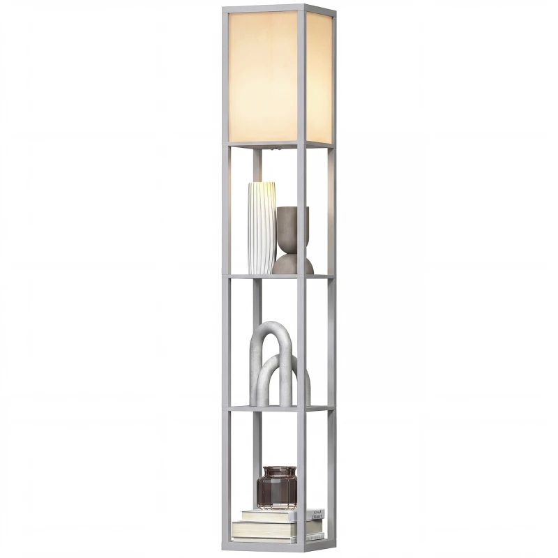 HOMCOM 3-Tier Floor Lamp with Shelves and Storage, Modern Corner Standing Lamp with Lampshade, Foot Switch for Living Room, Bedroom, Home Office, Bulb not Included, Grey