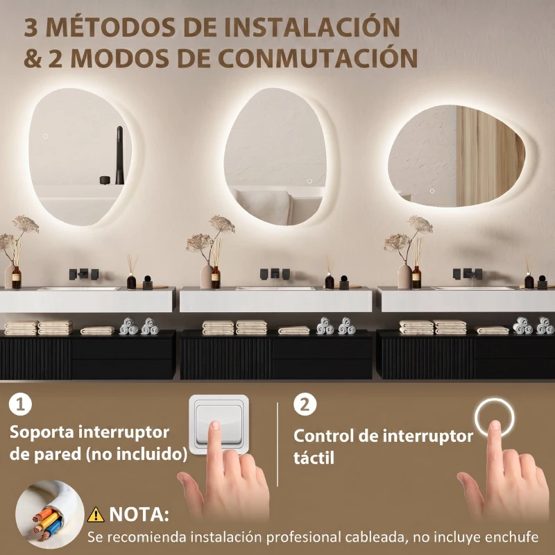HOMCOM Espejo de Baño con Luz LED 70x50 cm 3 Colores de Luz Brillo Regulable Función Antivaho Función de Memoria IP44