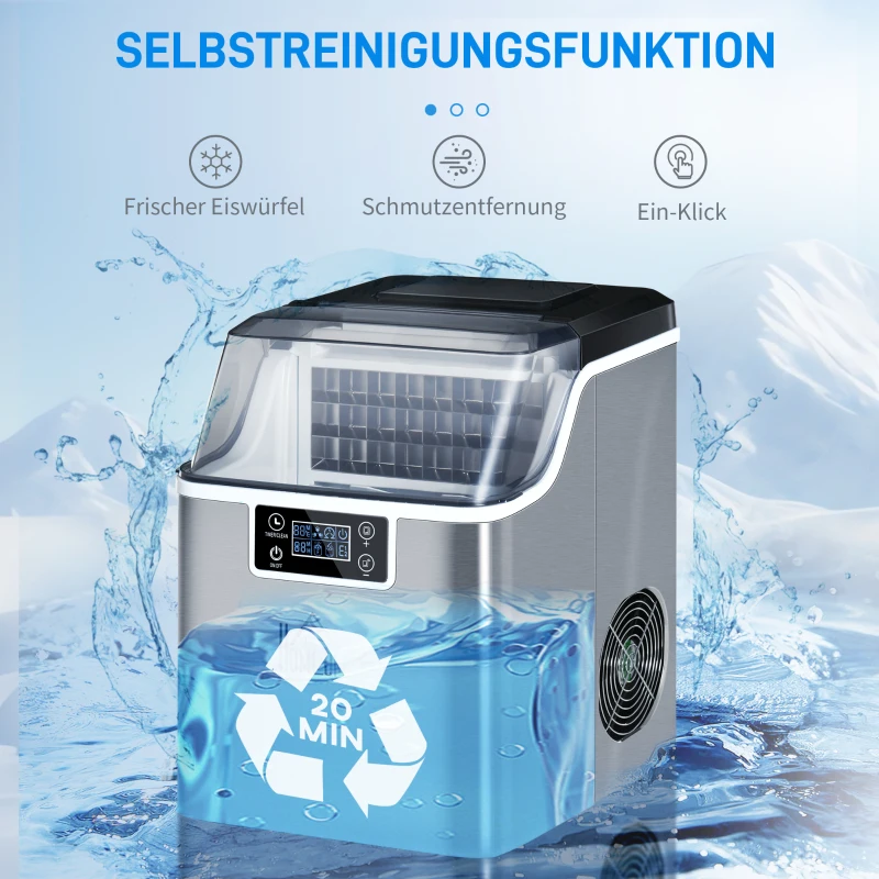 HOMCOM Ijsmaker, Compacte 20kg Ijsblokjesmachine met Zelfreinigende Functie voor Huisgebruik, Zilver(m-7)