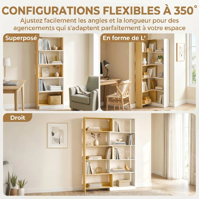 HOMCOM Bibliothèque d'angle rotative 350° à 5 niveaux, étagère de rangement extensible en forme L, 60-111x24x164cm, chêne