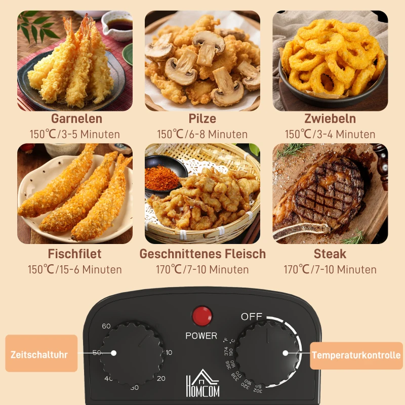HOMCOM Friteuse met 5 L Oliecapaciteit, Timer, Kijkvenster, 2000W Vermogen, Zilverkleurig