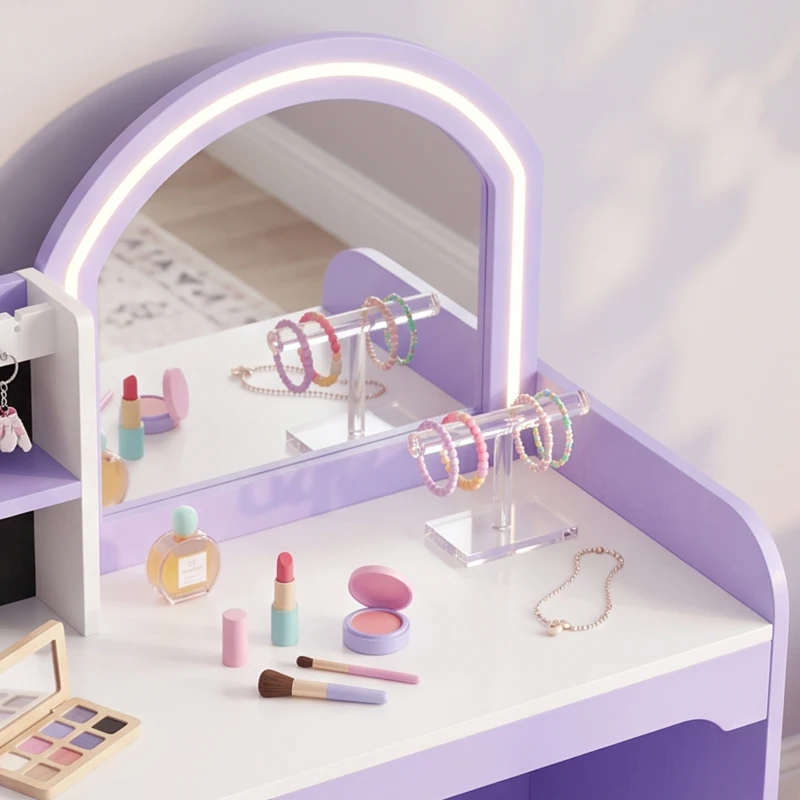 AIYAPLAY Tocador de Maquillaje Niña con Espejo de LED de 2 Colores Taburete 2 Soportes para Joyas Cajón 2 Compartimentos Morado