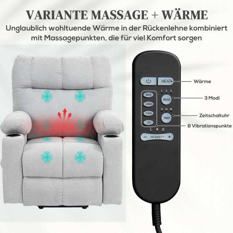 HOMCOM Opsta-hulp seniorenfauteuil, ligfunctie, incl. afstandsbediening, 144 cm x 91 cm x 88 cm, Lichtgrijs