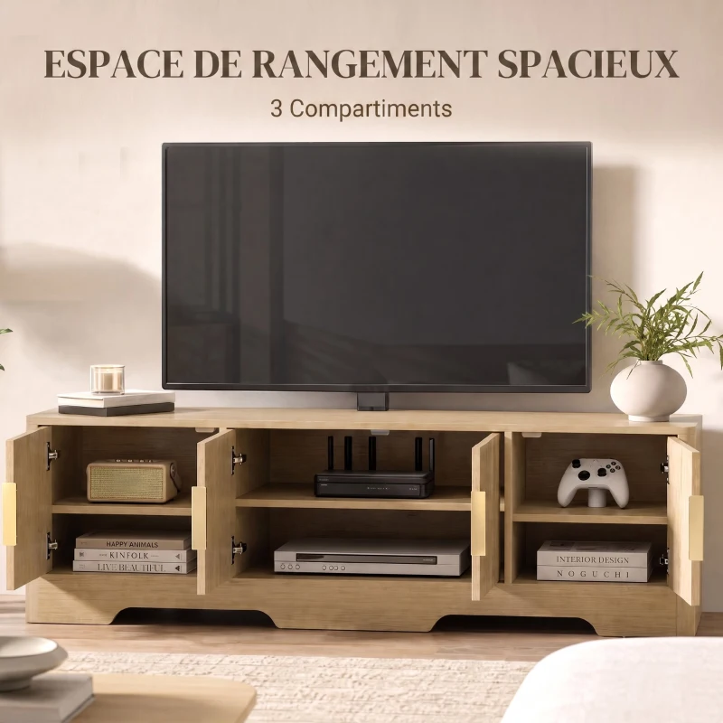 HOMCOM Meuble TV 140 cm, Meuble Télé pour Téléviseur jusqu'à 60 Pouces, 4 Portes Cannelées et Étagères Réglables, Chêne