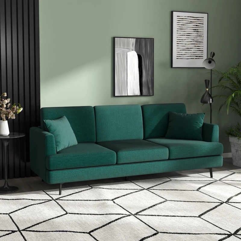 HOMCOM Divano 3 Posti in Tessuto con 2 Cuscini e Imbottitura Spessa, 229x88x88cm, Verde