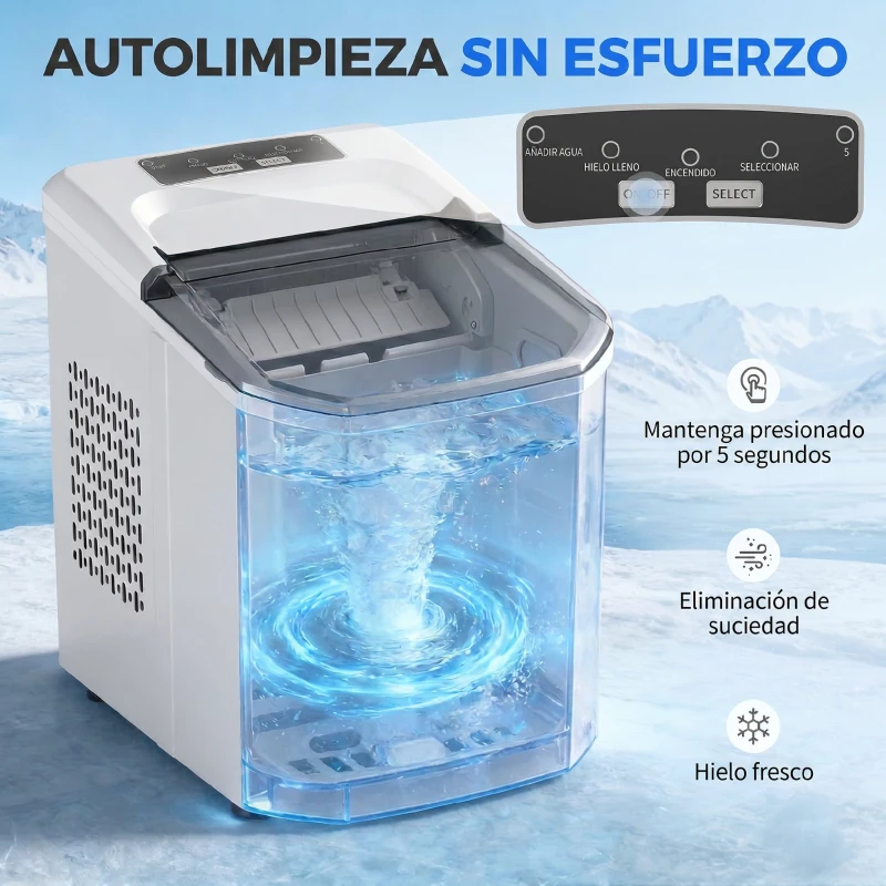 HOMCOM Máquina de Hielo Autolimpiable 12 kg/24H 9 Cubitos Listos en 7 Minutos 2 Tamaños de Hielo 1,5L Depósito Blanco