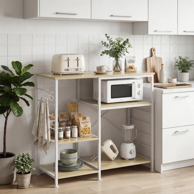 HOMCOM Scaffale Cucina con Ripiani in Legno e Metallo con 5 Ganci, Salvaspazio, 90x39x83.5 cm, Rovere