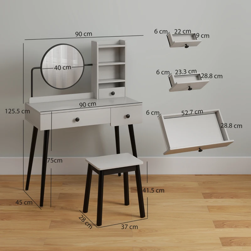 HOMCOM Dressing Table Set with Mirror and Stool, Vanity Makeup Table with 3 Drawers and Open Shelves for Bedroom, Living Room, Grey