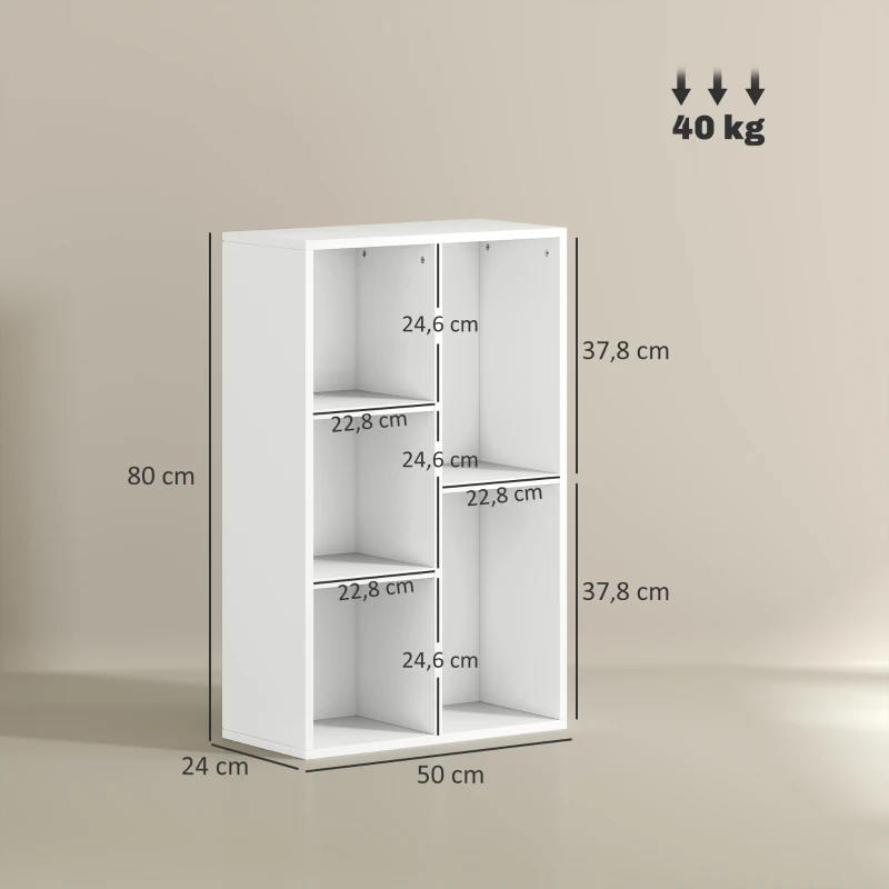 HOMCOM Bibliothèque étagère de rangement avec 5 compartiments, pour salon chambre à coucher bureau, 50x24x80cm, blanc