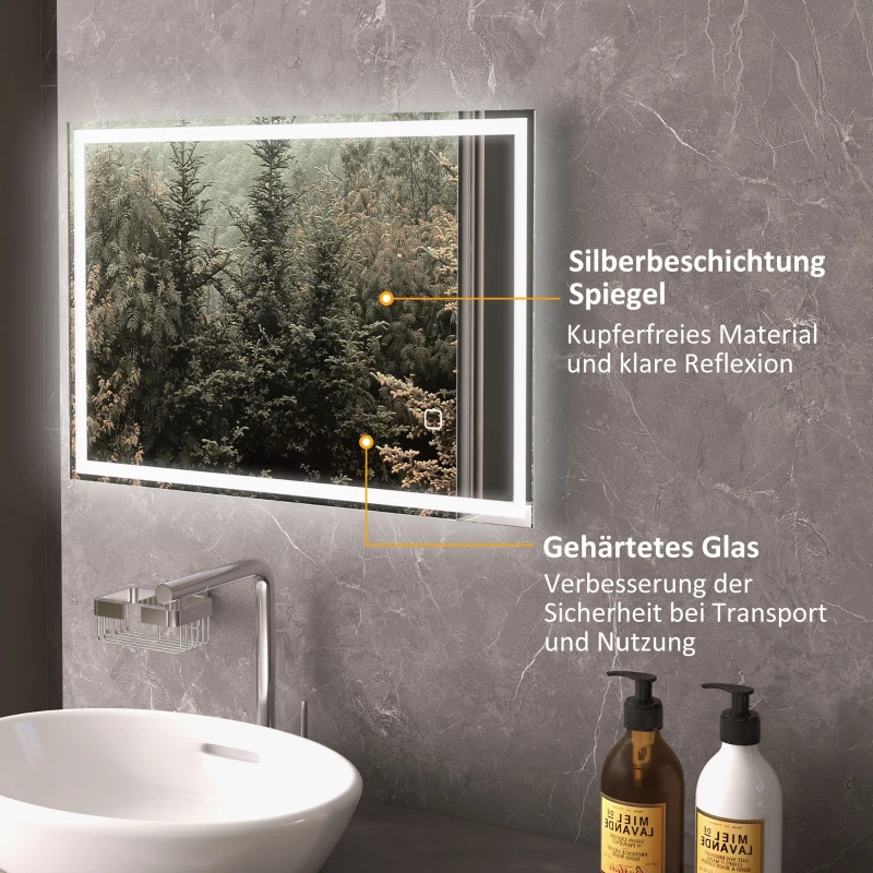 HOMCOM Badkamerspiegel Wandspiegel LED met touchschakelaar, Wit