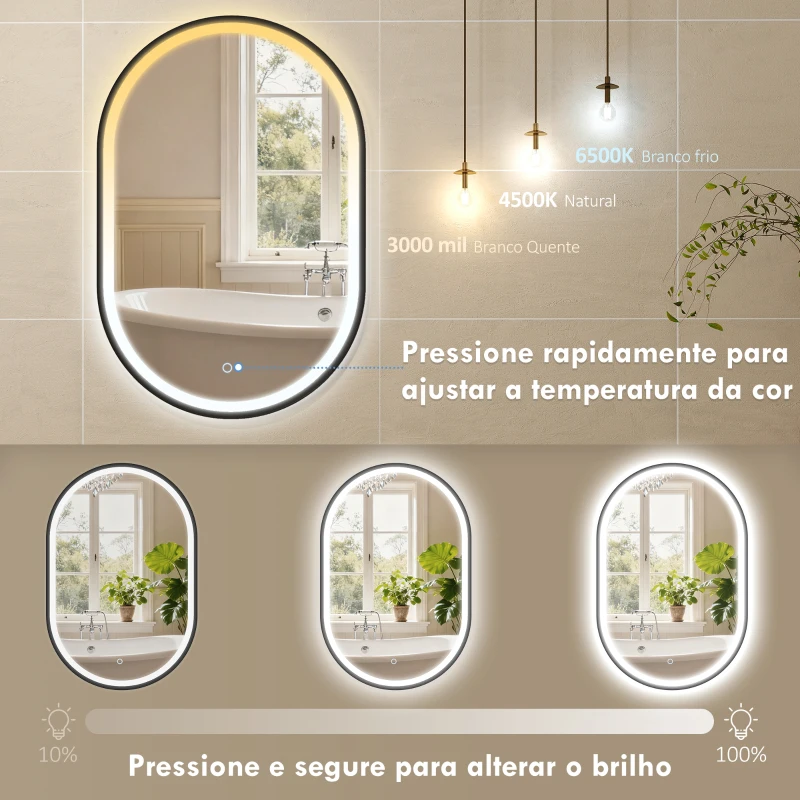 HOMCOM Espelho de Casa de Banho com Luz 60x90 cm Espelho de Parede Oval 3 Cores de Luz Brilho Regulável Função Antiembaçiamento Memória Preto