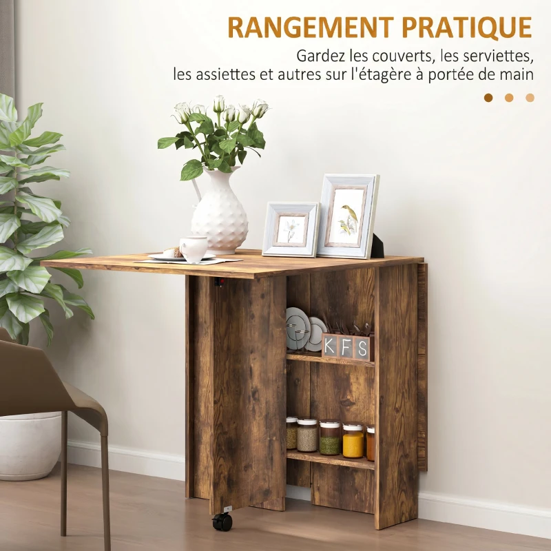 HOMCOM Table à Manger Pliante Mobile sur Roulettes, 2 Plateaux Rabattables, 2 Étagères Intégrées, 140x80x74cm, Brun Rustique