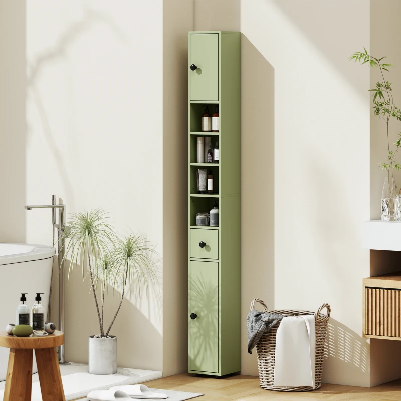 kleankin Colonne de rangement armoire haute pour salle de bain 1 tiroir 4 étagères réglables et 2 placards 20 x 20 x 180 cm vert