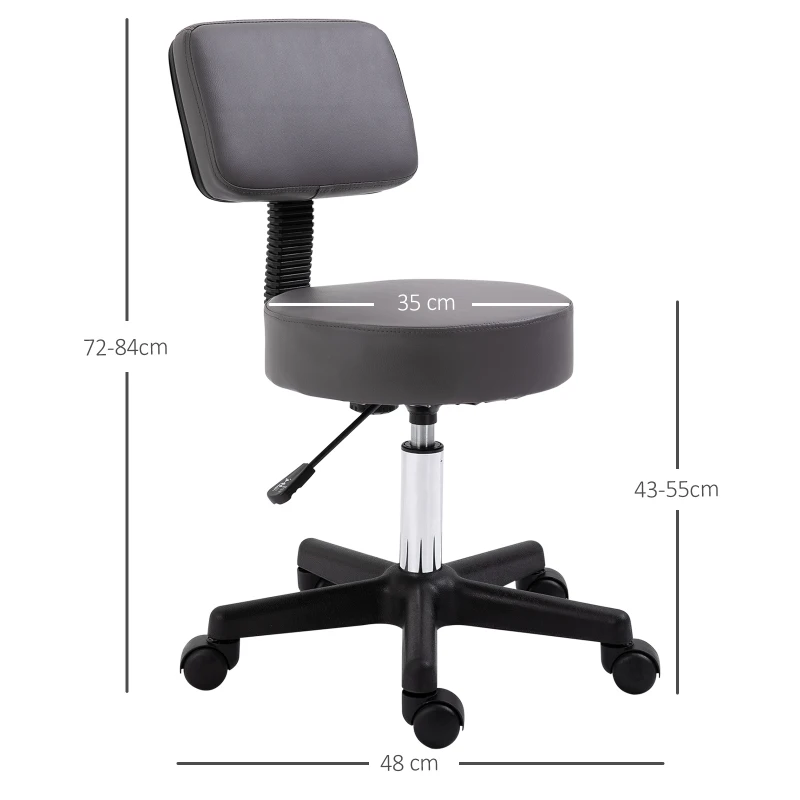 HOMCOM Salonkruk, verstelbaar, ergonomisch, 360° draaibaar, 5 wielen, kunstlederen bekleding, Grijs