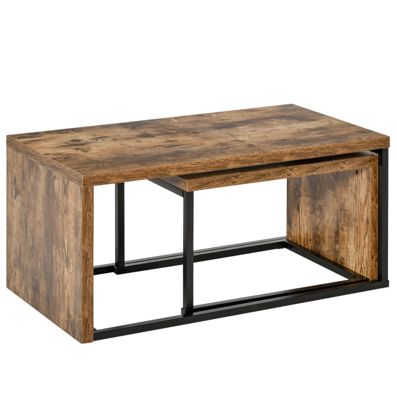HOMCOM Lot de 2 Tables Basses gigognes Design Industriel encastrable dim. Grande Table 90L x 48l x 42H cm métal Noir Aspect Vieux Bois