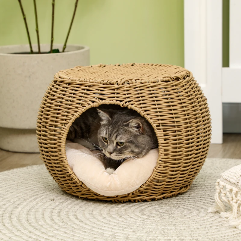 PawHut Kattenhuis kattenmand kattenhol 2 verdiepingen van gevlochten kunsthars-rattanimitatie met 1 zacht kussen Ø 40 x 30 cm Lichtbruin