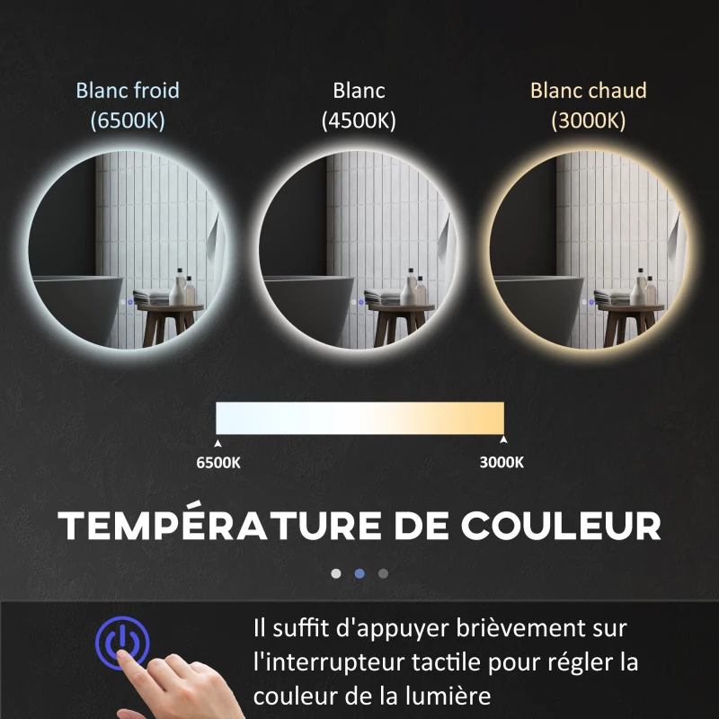 kleankin Miroir rond lumineux LED de salle de bain Ø 70 cm mural avec éclairage interrupteur tactile système antibuée  35 W gris