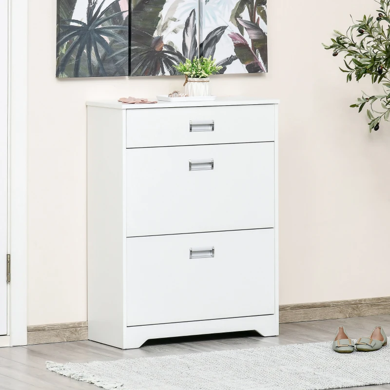 HOMCOM Meuble à chaussures avec 2 tiroirs rabattables étagère réglable + 1 tiroir  jusqu'à 16 paires 70L x 29l x 92H Blanc