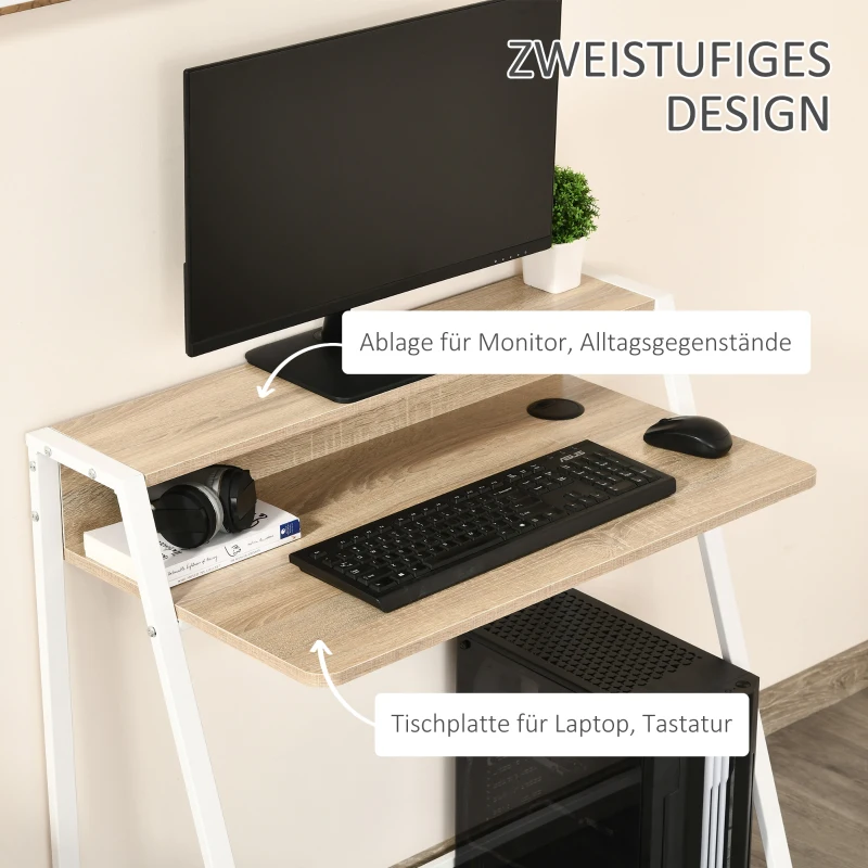 HOMCOM bureau, computertafel, bureau, werktafel met kabeldoorvoer, lade, MDF metaal wit + eik 84 x 45 x 85 cm