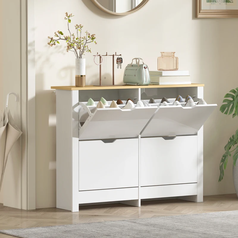 HOMCOM Smalle Schoenenkast met 4 Klapvakken voor 8–16 Paar Schoenen, 105 x 26 x 80 cm, Wit + Natuurlijk hout