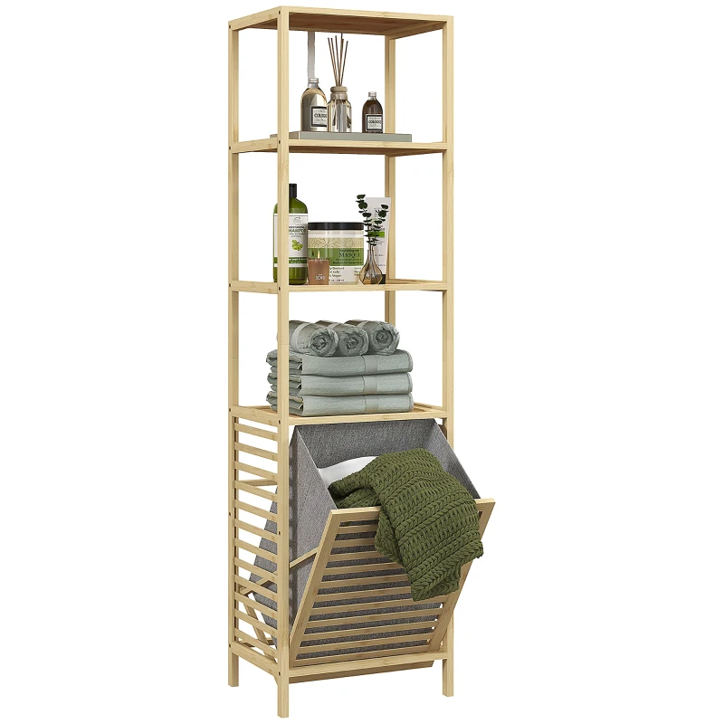 HOMCOM Badkamerrek met Wasmand, 3 Planken, Bamboe Frame, 44x33x160cm, Natuur