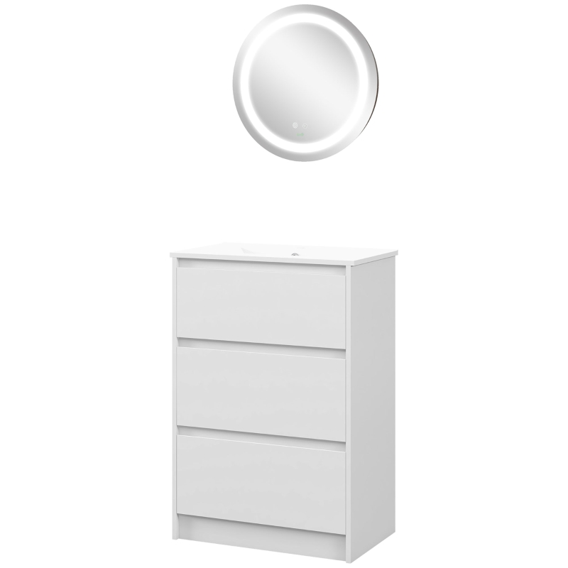 kleankin Móvel com Lavatório 61x37x88 cm e 1 Espelho com Luz LED Anti-Embaciamento Ø50x4,6 cm Branco Brilhante e Prata