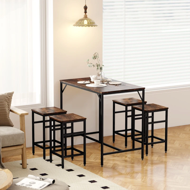 HOMCOM Ensemble table de bar industriel + 4 tabourets repose-pieds en bois couleur chêne cadre en métal noir