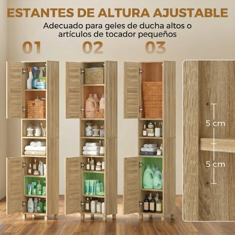 HOMCOM Armario Alto para Baño con Estantes Ajustables Puertas de Lamas Apertura por Presión 34x23x170 cm Natural