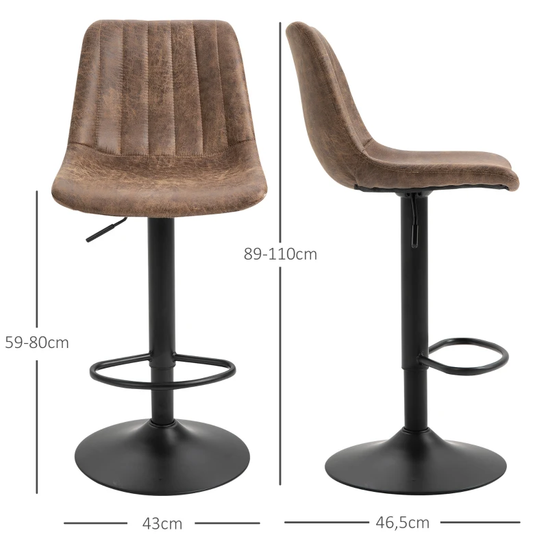 HOMCOM Set van 2 retro barkrukken, inclusief voetsteun, in hoogte verstelbaar, gaslift, bruin+zwart