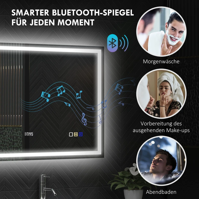HOMCOM LED-badkamerspiegel met Bluetooth-functie, anti-condensfunctie, 3 lichtkleuren, klok, touchschakelaar, zilverkleurig