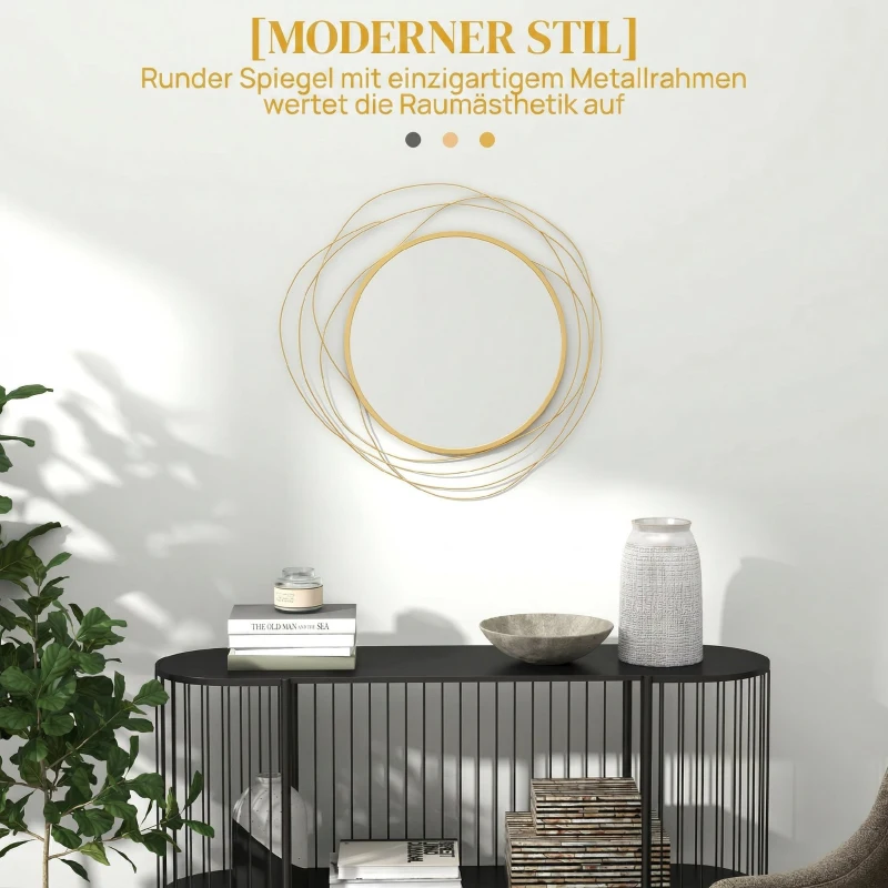 HOMCOM Espelho Decorativo de Parede Adorno de Parede Metálico Ø65 cm com Ganchos para Sala de Estar Quarto Corredor Dourado