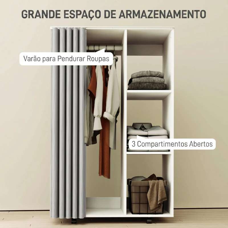 HOMCOM Roupeiro com Rodas, Cortina, Barra para Pendurar Roupa e 3 Prateleiras Abertas para Quarto, 80x40x128 cm, Branco